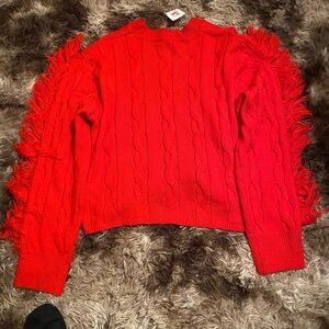 Red Cable Knit Sweater with Fringe